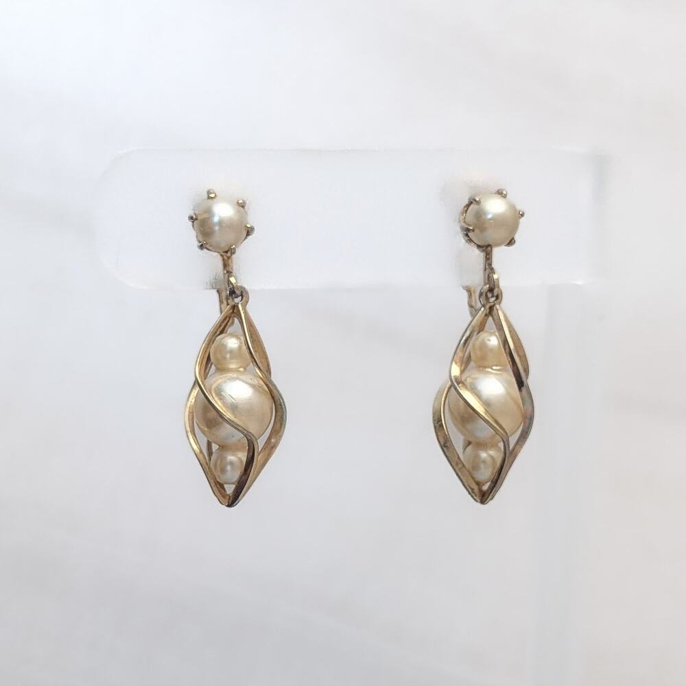 Vintage Clip On Earrings Spiral Gold Tone Faux Pearls Dangle - Fair Condition